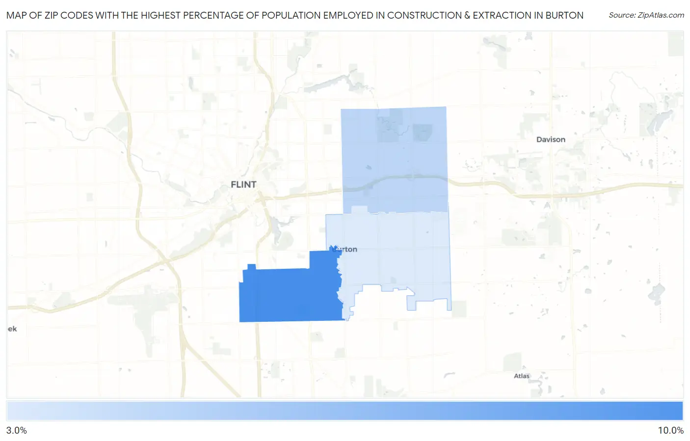 Zip Codes with the Highest Percentage of Population Employed in Construction & Extraction in Burton Map
