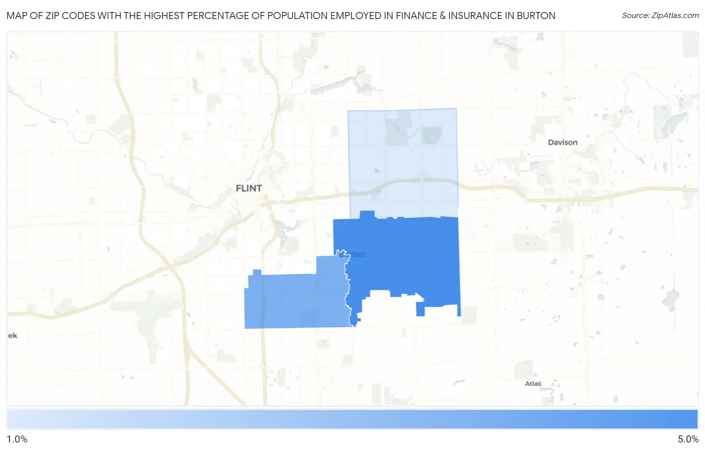 Zip Codes with the Highest Percentage of Population Employed in Finance & Insurance in Burton Map