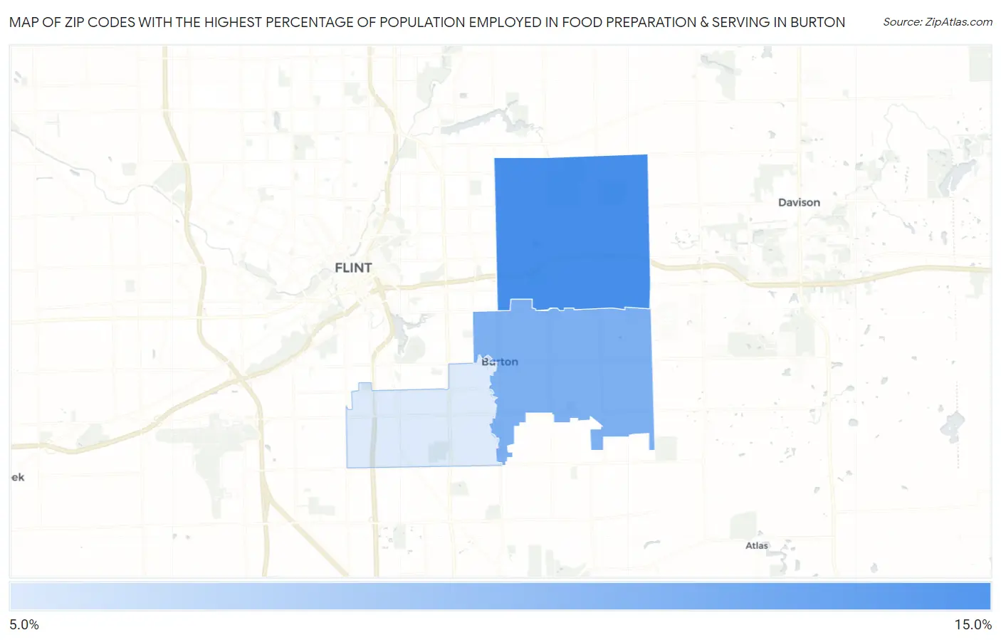 Zip Codes with the Highest Percentage of Population Employed in Food Preparation & Serving in Burton Map