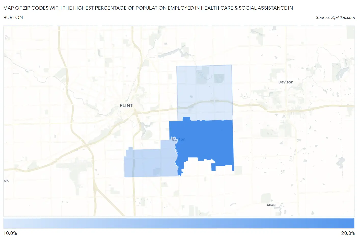 Zip Codes with the Highest Percentage of Population Employed in Health Care & Social Assistance in Burton Map