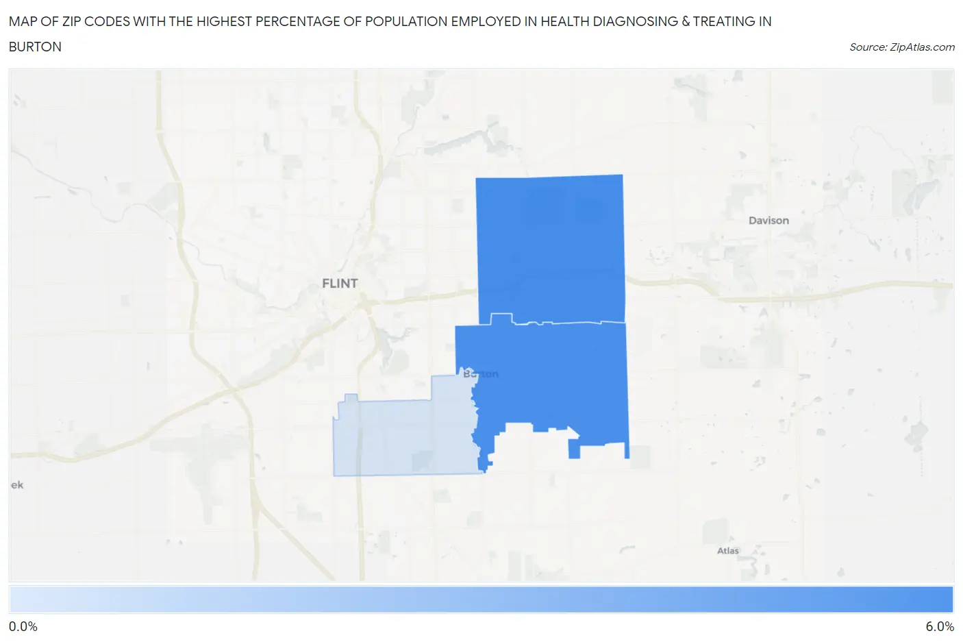Zip Codes with the Highest Percentage of Population Employed in Health Diagnosing & Treating in Burton Map