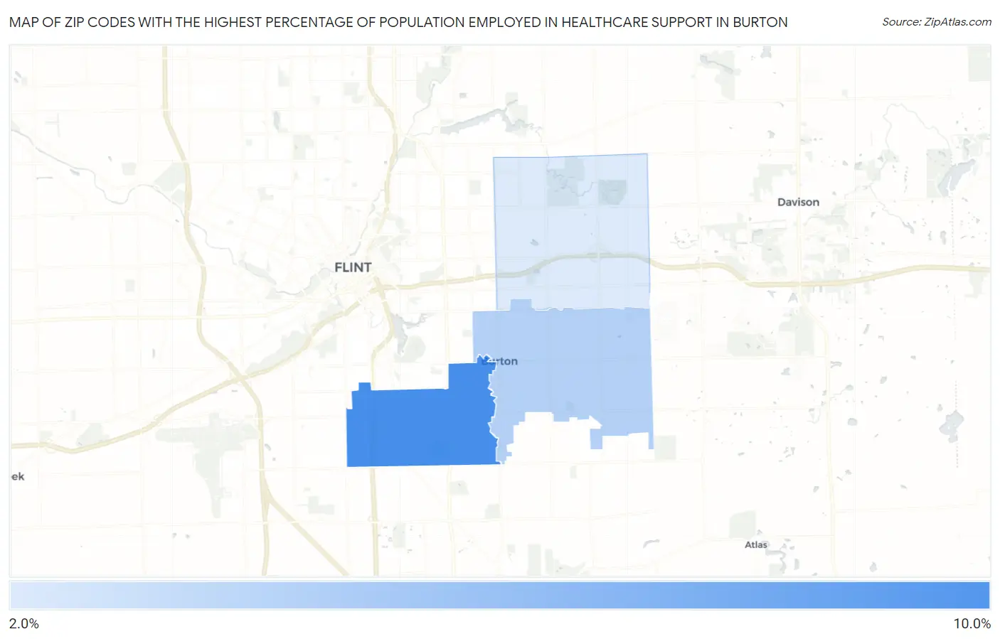 Zip Codes with the Highest Percentage of Population Employed in Healthcare Support in Burton Map