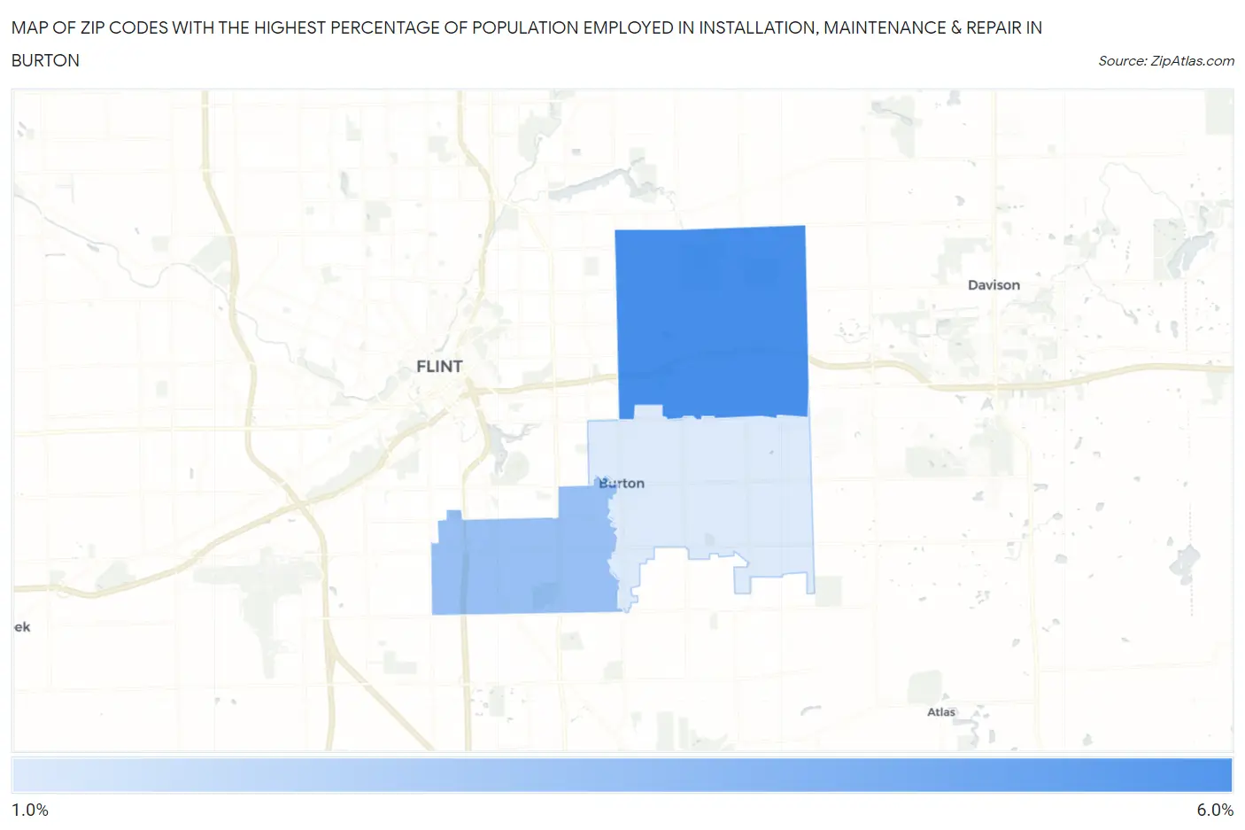 Zip Codes with the Highest Percentage of Population Employed in Installation, Maintenance & Repair in Burton Map