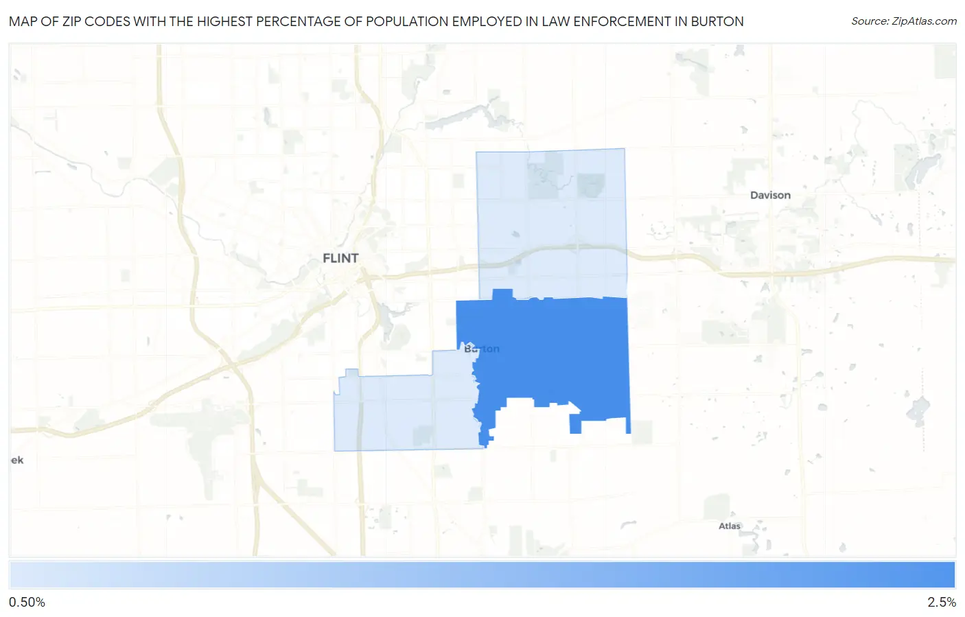 Zip Codes with the Highest Percentage of Population Employed in Law Enforcement in Burton Map