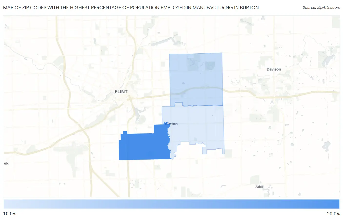 Zip Codes with the Highest Percentage of Population Employed in Manufacturing in Burton Map