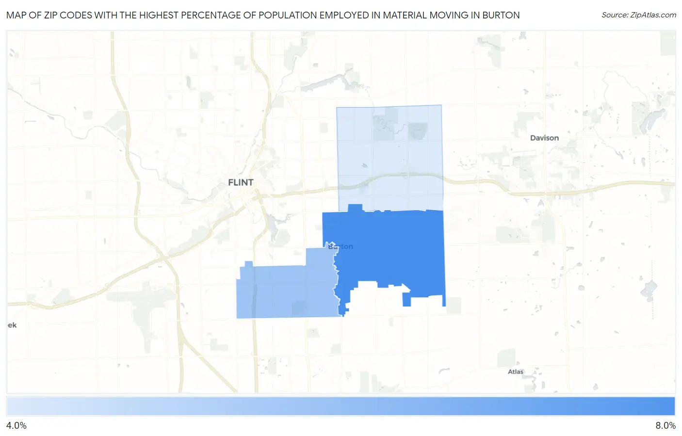 Zip Codes with the Highest Percentage of Population Employed in Material Moving in Burton Map