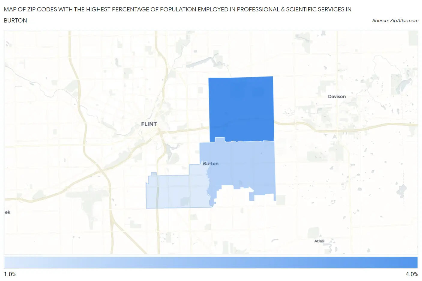 Zip Codes with the Highest Percentage of Population Employed in Professional & Scientific Services in Burton Map