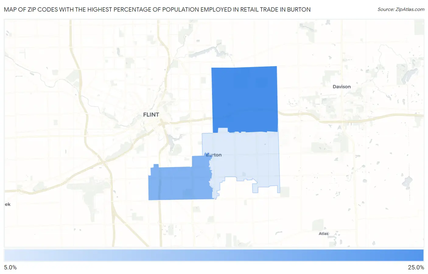 Zip Codes with the Highest Percentage of Population Employed in Retail Trade in Burton Map