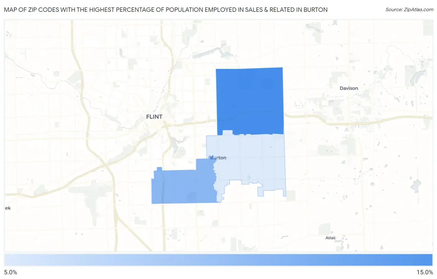 Zip Codes with the Highest Percentage of Population Employed in Sales & Related in Burton Map