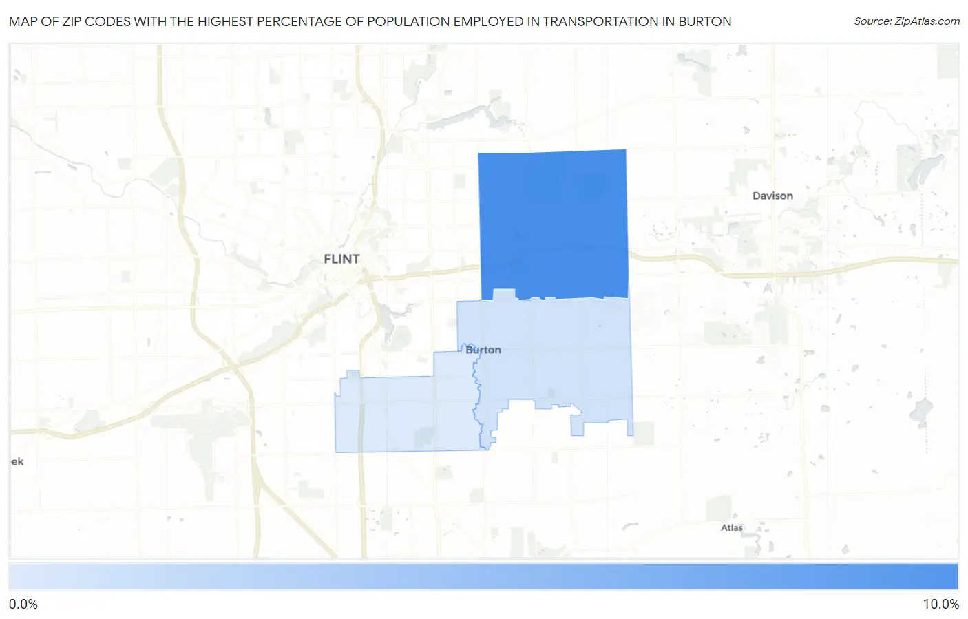 Zip Codes with the Highest Percentage of Population Employed in Transportation in Burton Map