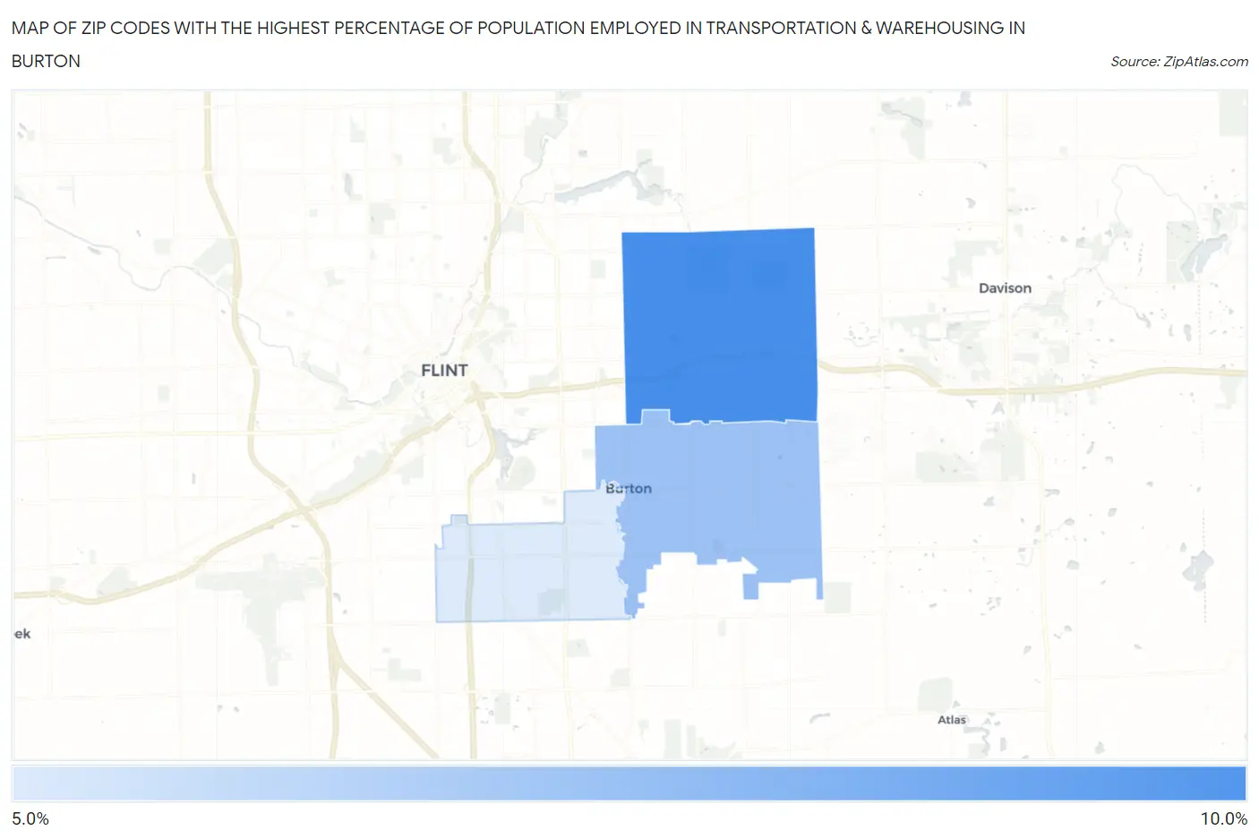 Zip Codes with the Highest Percentage of Population Employed in Transportation & Warehousing in Burton Map