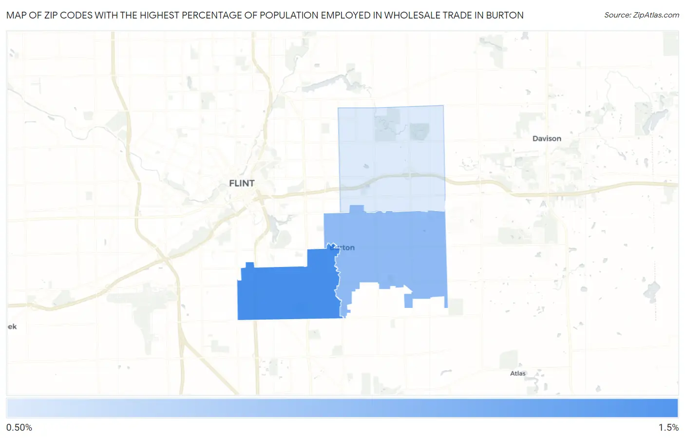 Zip Codes with the Highest Percentage of Population Employed in Wholesale Trade in Burton Map