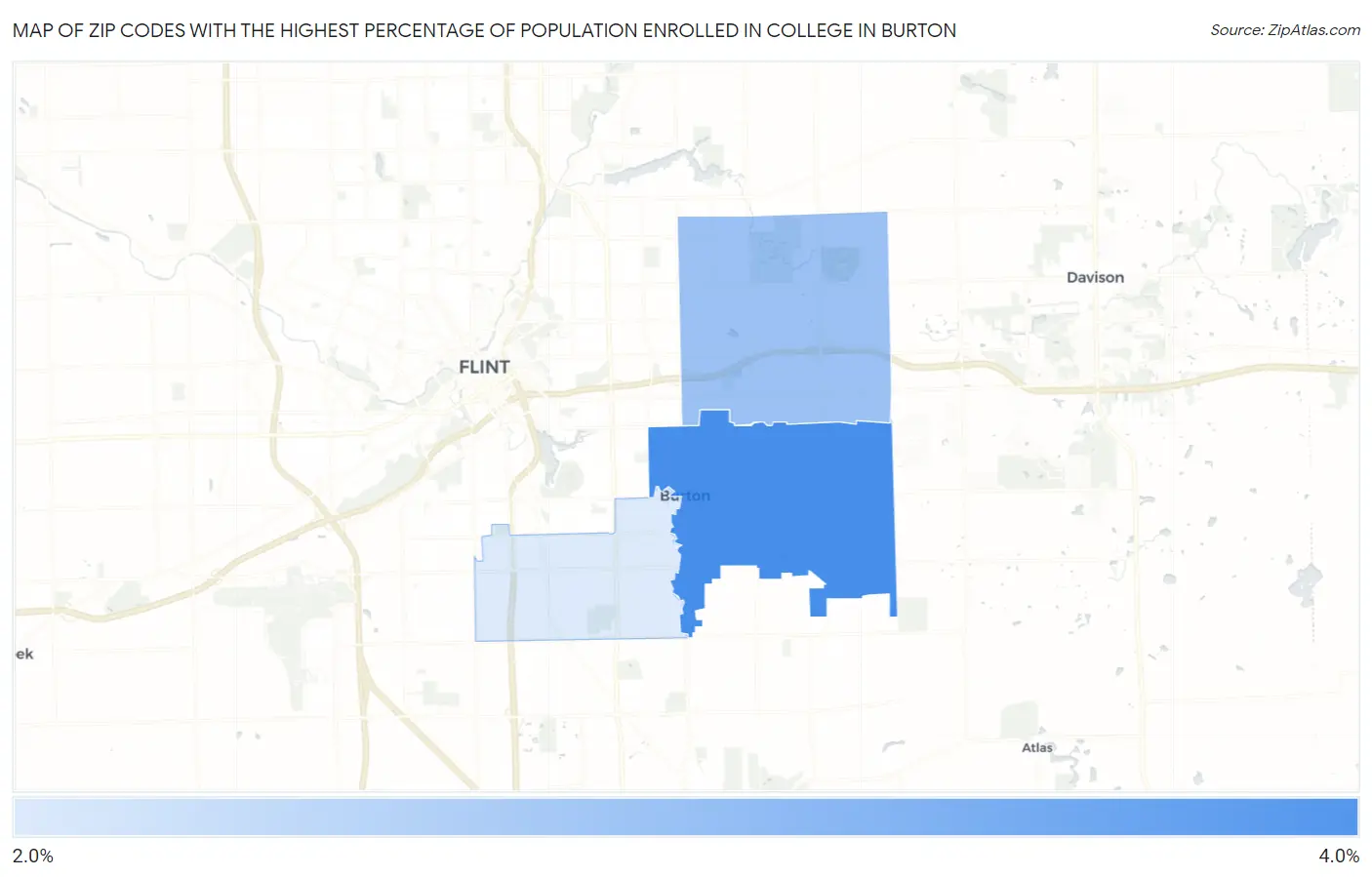 Zip Codes with the Highest Percentage of Population Enrolled in College in Burton Map