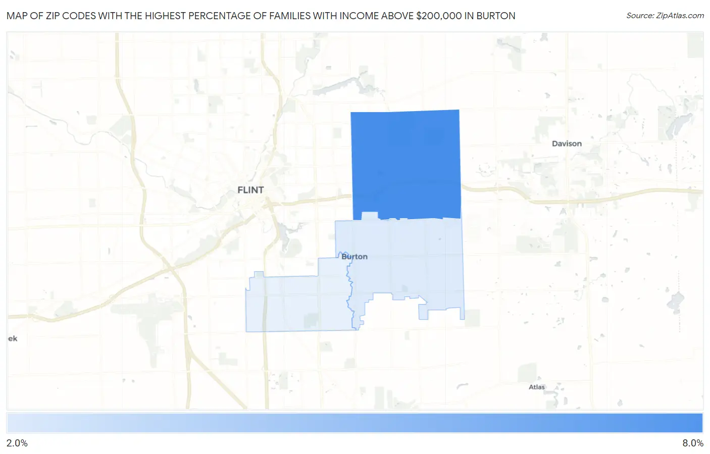 Zip Codes with the Highest Percentage of Families with Income Above $200,000 in Burton Map
