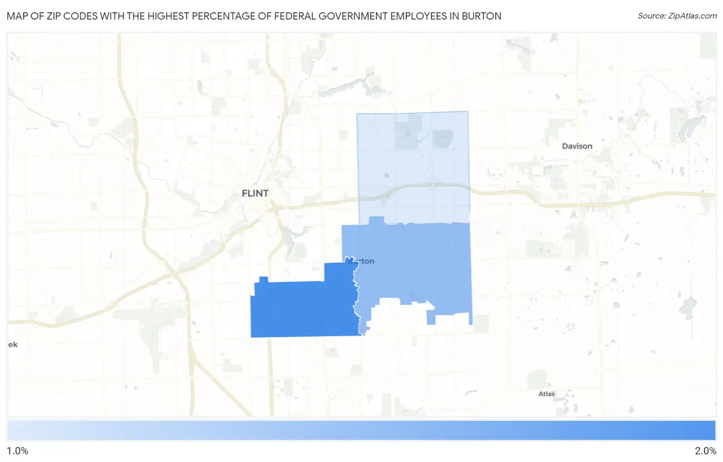 Zip Codes with the Highest Percentage of Federal Government Employees in Burton Map