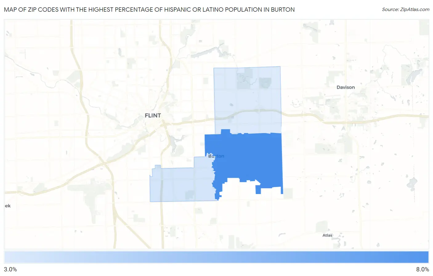 Zip Codes with the Highest Percentage of Hispanic or Latino Population in Burton Map