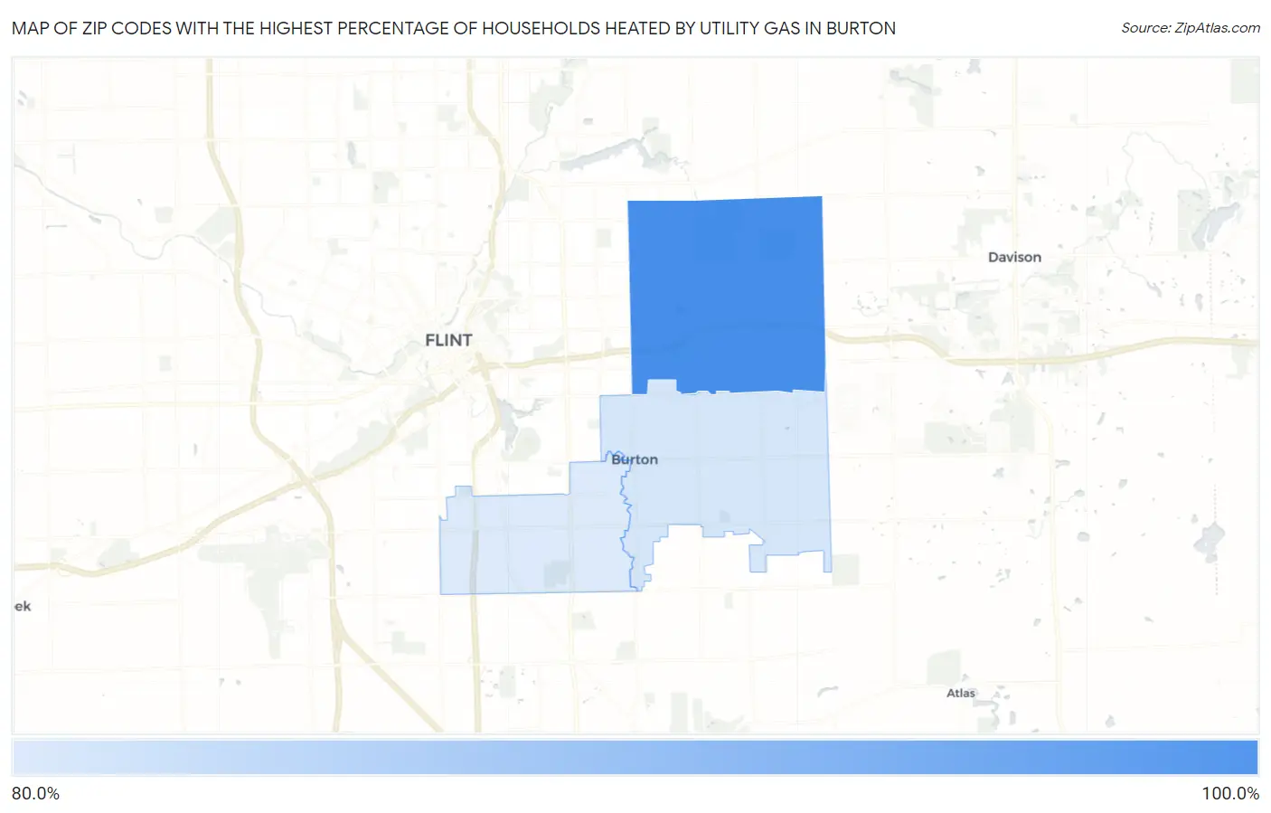Zip Codes with the Highest Percentage of Households Heated by Utility Gas in Burton Map