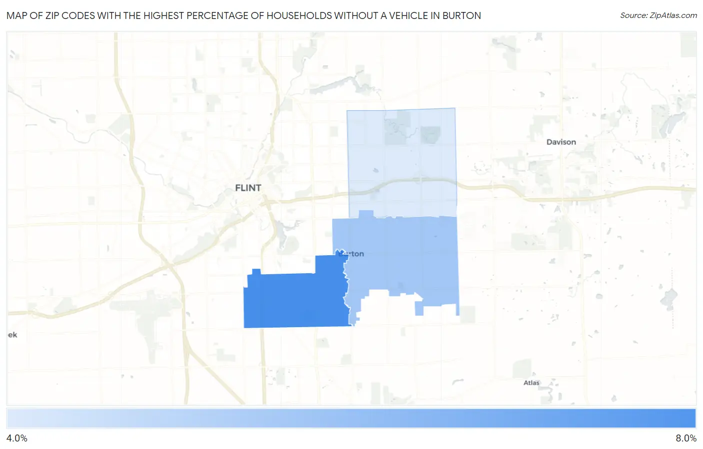 Zip Codes with the Highest Percentage of Households Without a Vehicle in Burton Map