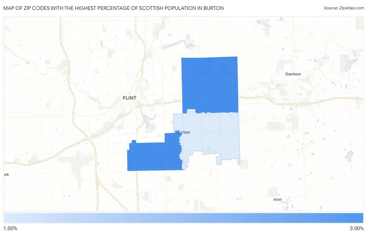 Zip Codes with the Highest Percentage of Scottish Population in Burton Map