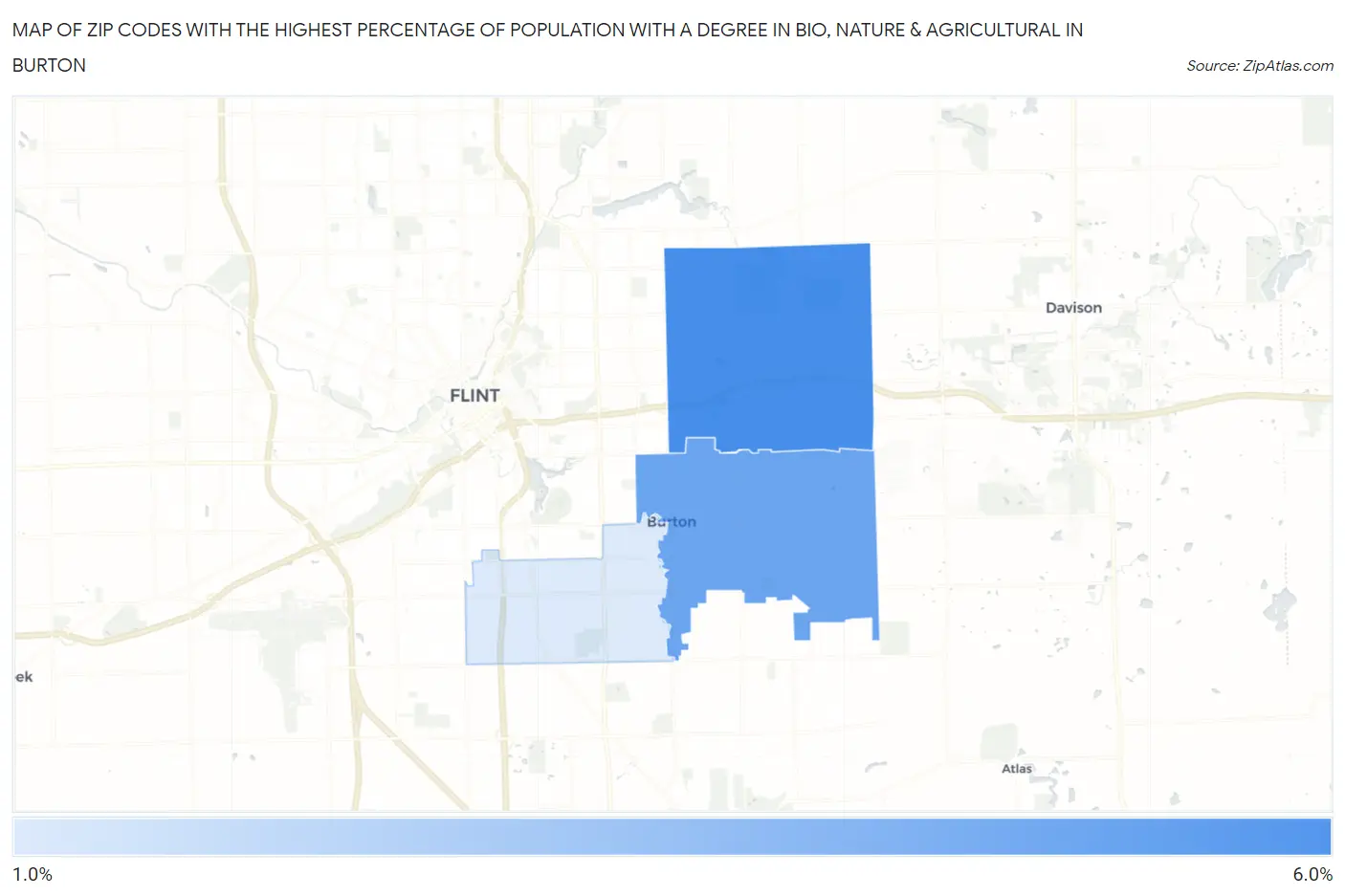 Zip Codes with the Highest Percentage of Population with a Degree in Bio, Nature & Agricultural in Burton Map
