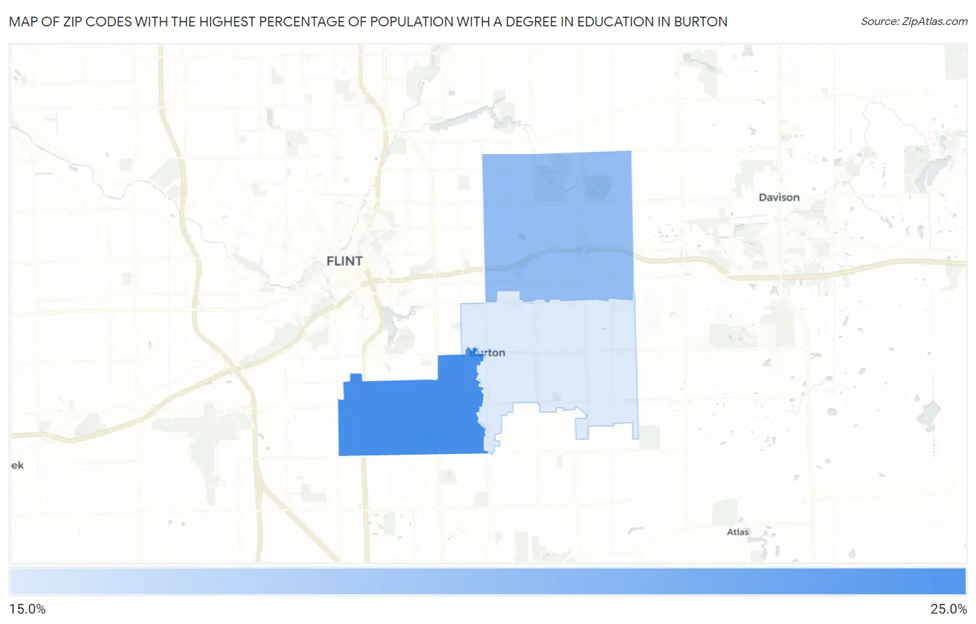 Zip Codes with the Highest Percentage of Population with a Degree in Education in Burton Map