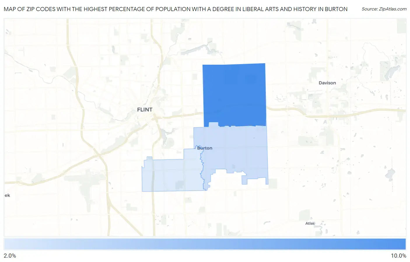 Zip Codes with the Highest Percentage of Population with a Degree in Liberal Arts and History in Burton Map