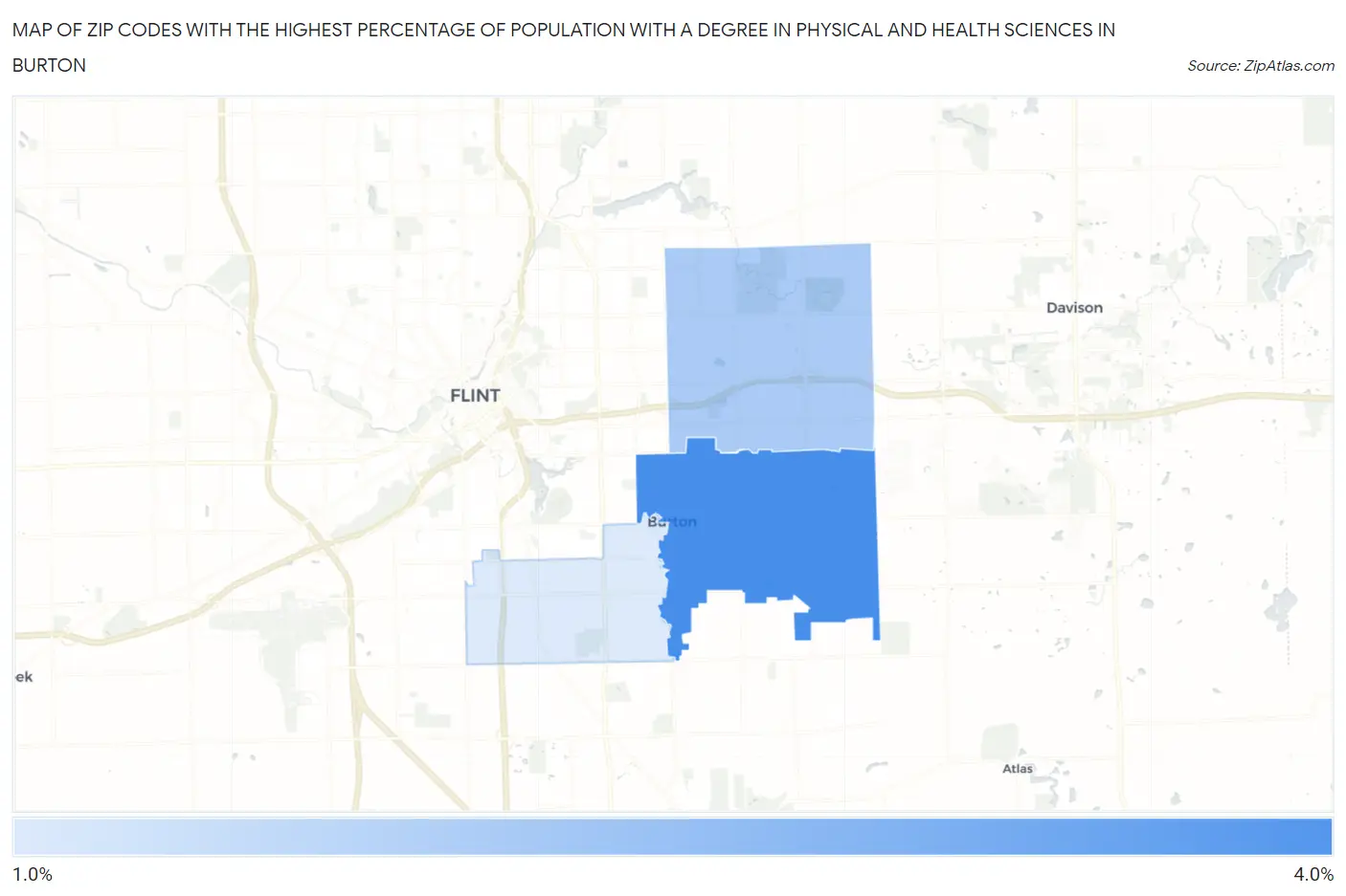 Zip Codes with the Highest Percentage of Population with a Degree in Physical and Health Sciences in Burton Map