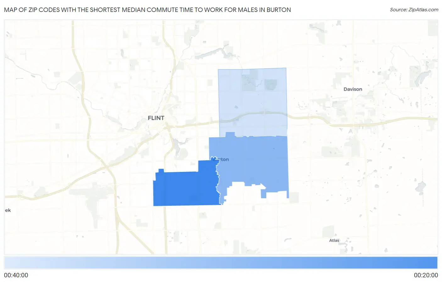 Zip Codes with the Shortest Median Commute Time to Work for Males in Burton Map
