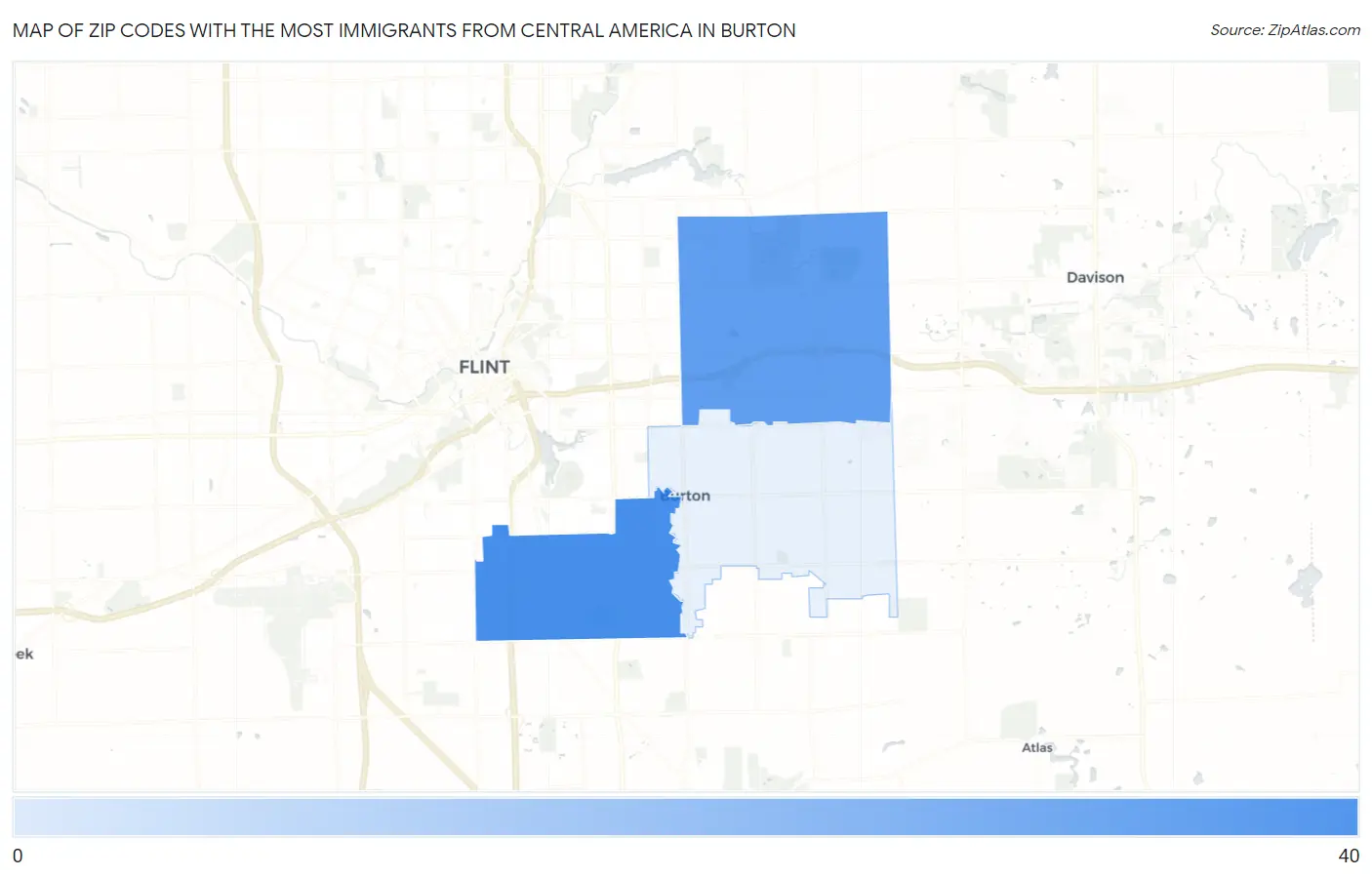 Zip Codes with the Most Immigrants from Central America in Burton Map