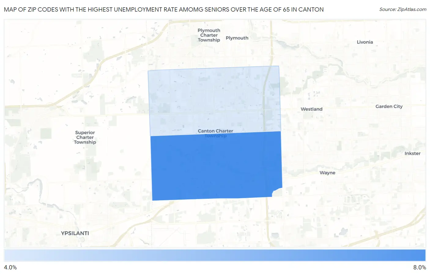 Zip Codes with the Highest Unemployment Rate Amomg Seniors Over the Age of 65 in Canton Map