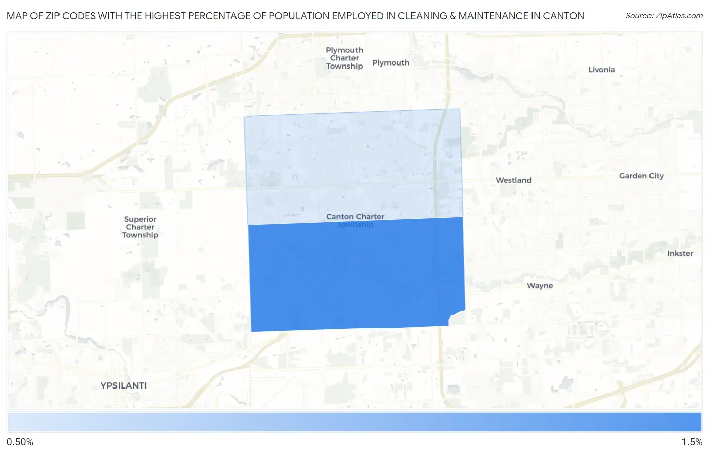 Zip Codes with the Highest Percentage of Population Employed in Cleaning & Maintenance in Canton Map