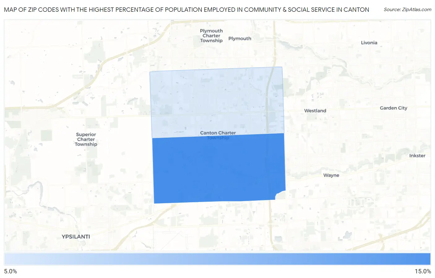 Zip Codes with the Highest Percentage of Population Employed in Community & Social Service  in Canton Map