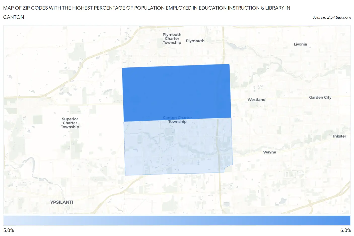 Zip Codes with the Highest Percentage of Population Employed in Education Instruction & Library in Canton Map