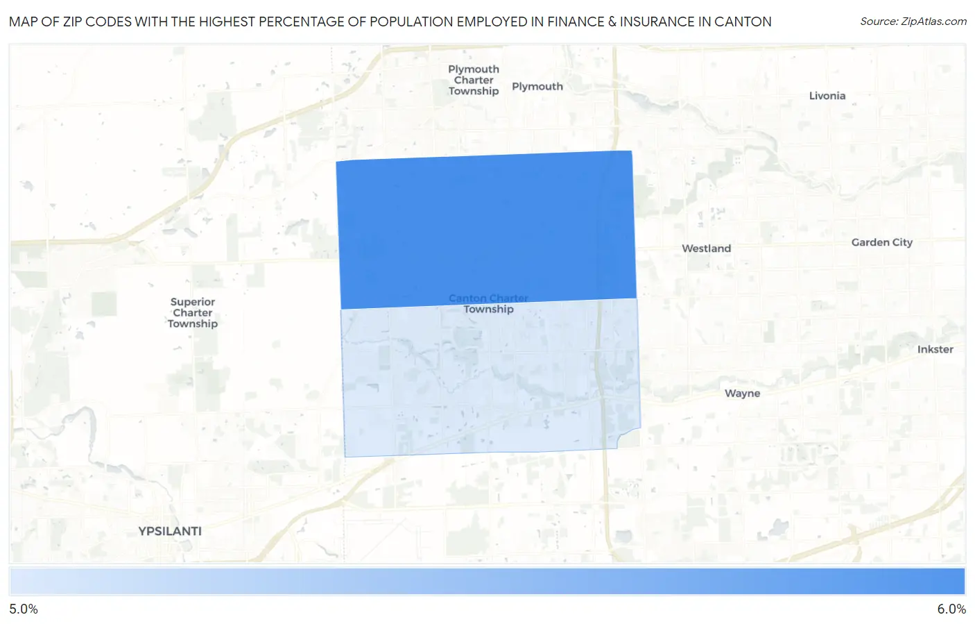 Zip Codes with the Highest Percentage of Population Employed in Finance & Insurance in Canton Map