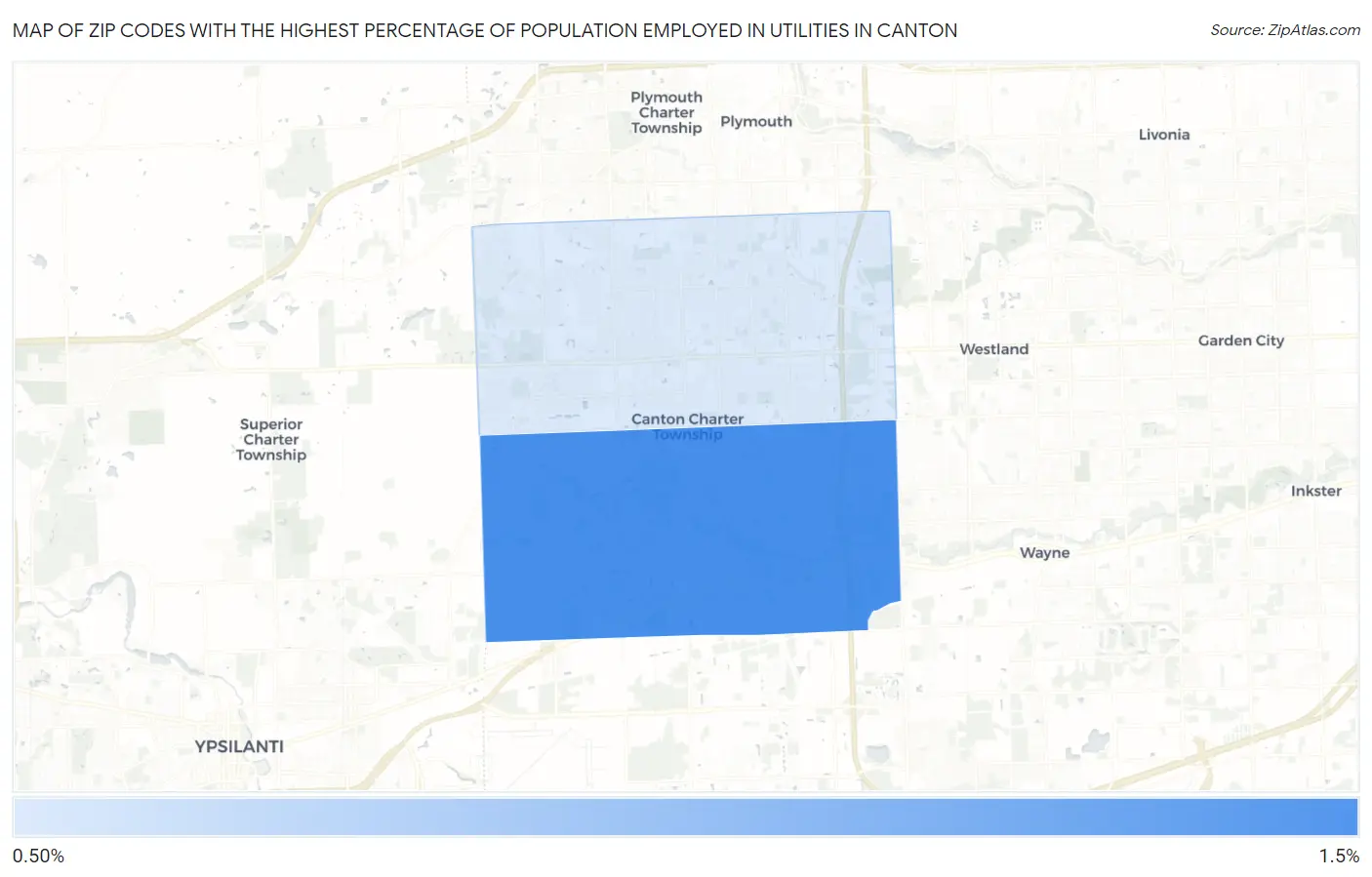 Zip Codes with the Highest Percentage of Population Employed in Utilities in Canton Map