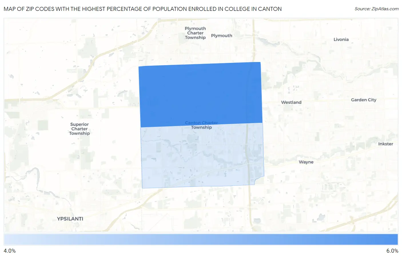 Zip Codes with the Highest Percentage of Population Enrolled in College in Canton Map