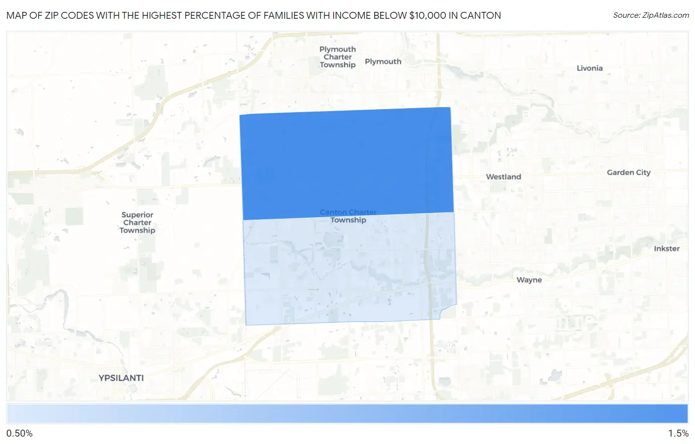 Zip Codes with the Highest Percentage of Families with Income Below $10,000 in Canton Map