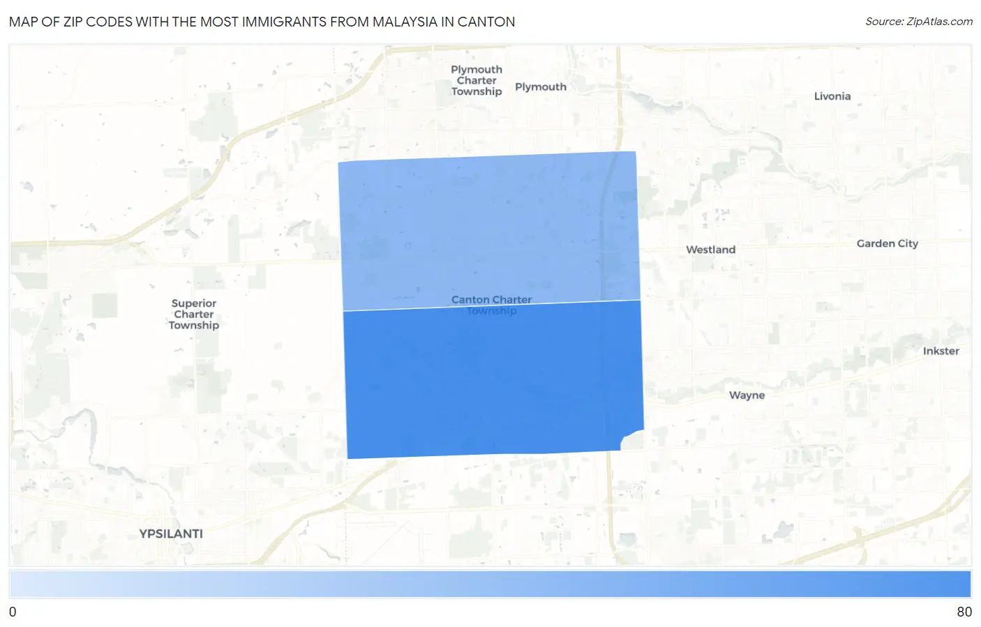 Zip Codes with the Most Immigrants from Malaysia in Canton Map