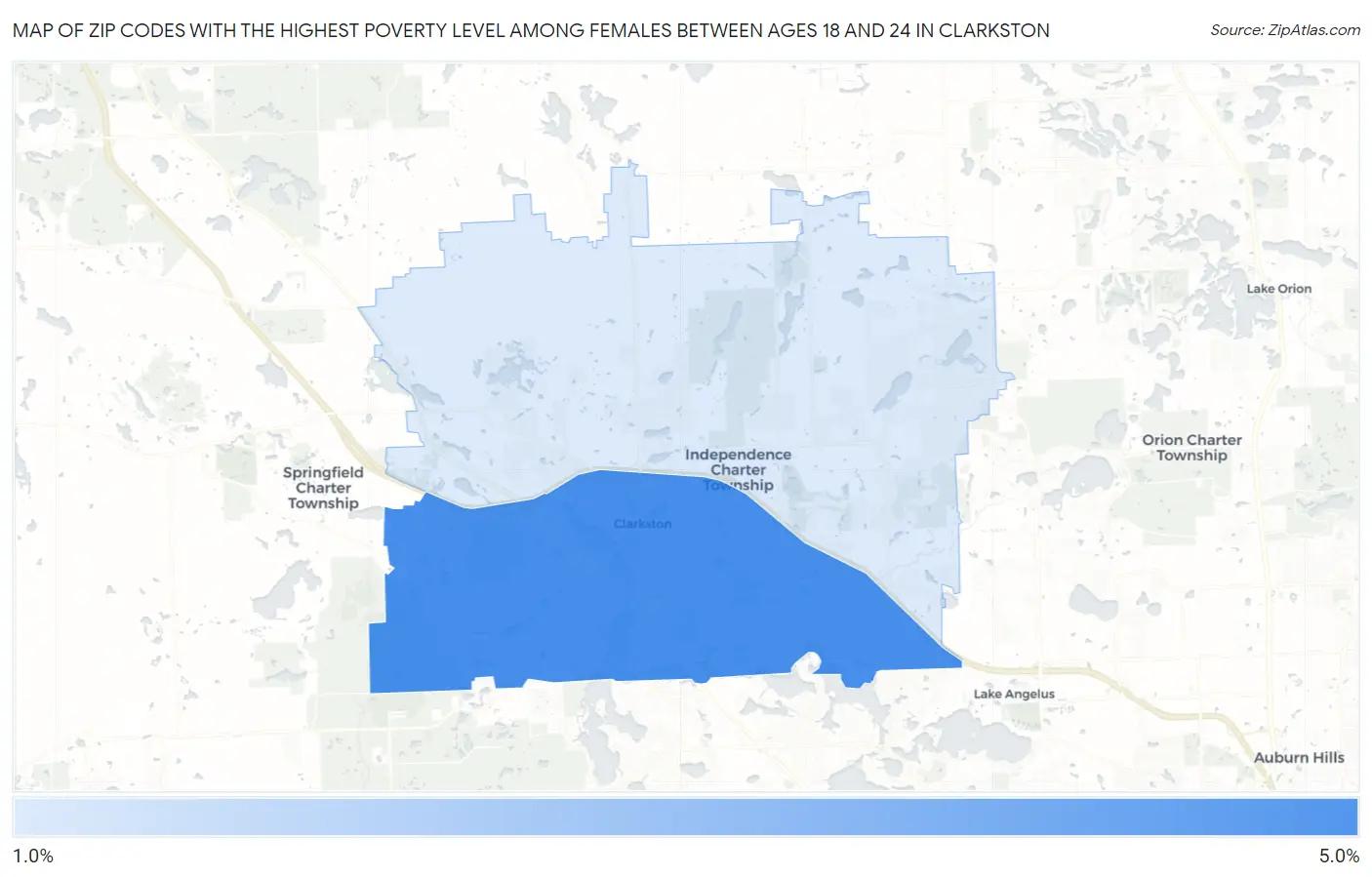 Zip Codes with the Highest Poverty Level Among Females Between Ages 18 and 24 in Clarkston Map