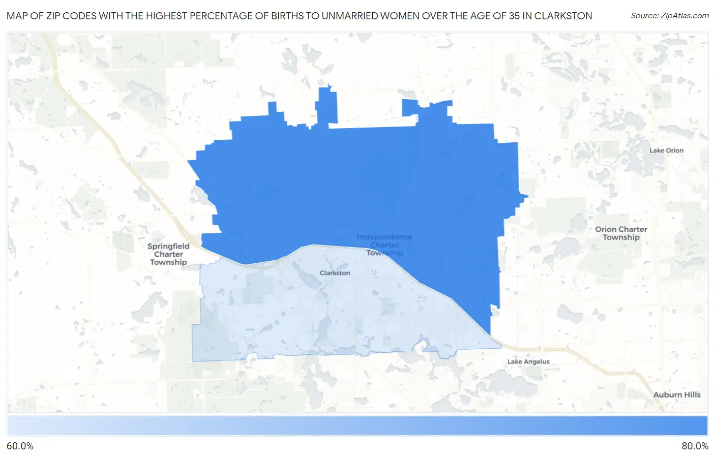 Zip Codes with the Highest Percentage of Births to Unmarried Women over the Age of 35 in Clarkston Map