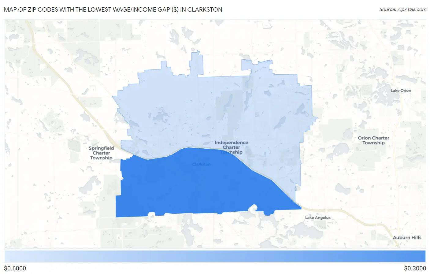 Zip Codes with the Lowest Wage/Income Gap ($) in Clarkston Map