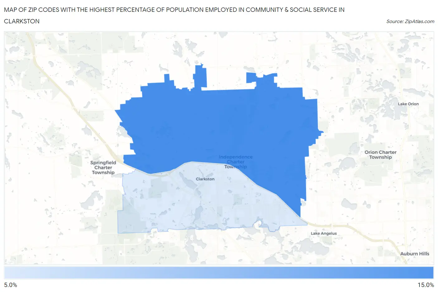 Zip Codes with the Highest Percentage of Population Employed in Community & Social Service  in Clarkston Map