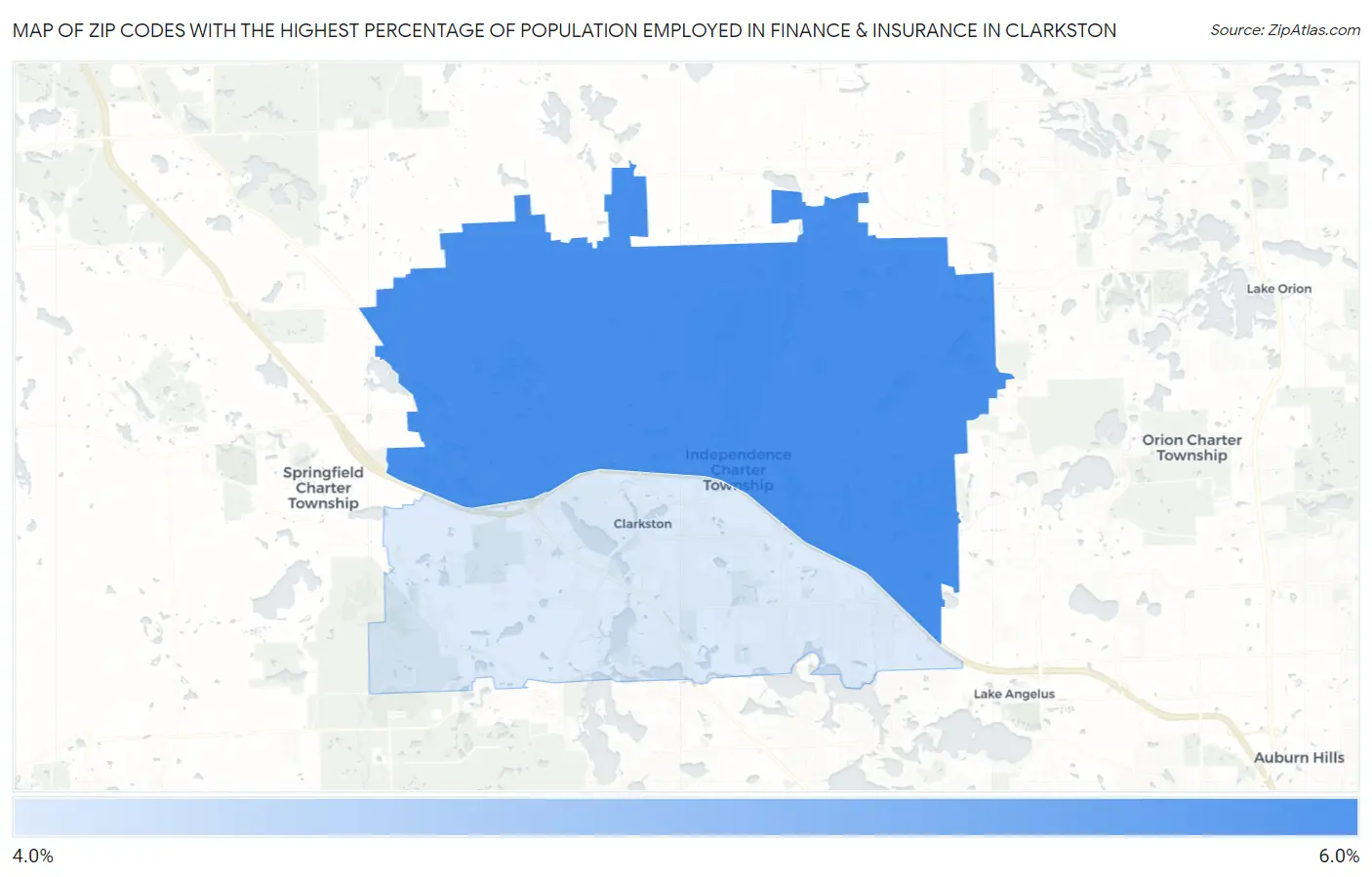 Zip Codes with the Highest Percentage of Population Employed in Finance & Insurance in Clarkston Map