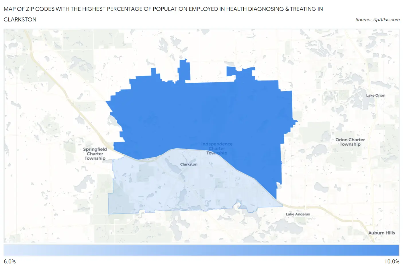 Zip Codes with the Highest Percentage of Population Employed in Health Diagnosing & Treating in Clarkston Map