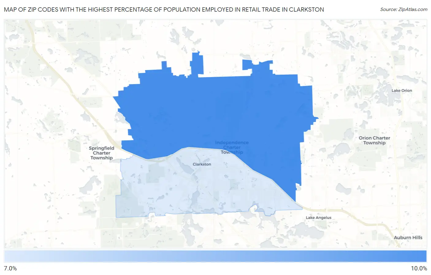 Zip Codes with the Highest Percentage of Population Employed in Retail Trade in Clarkston Map