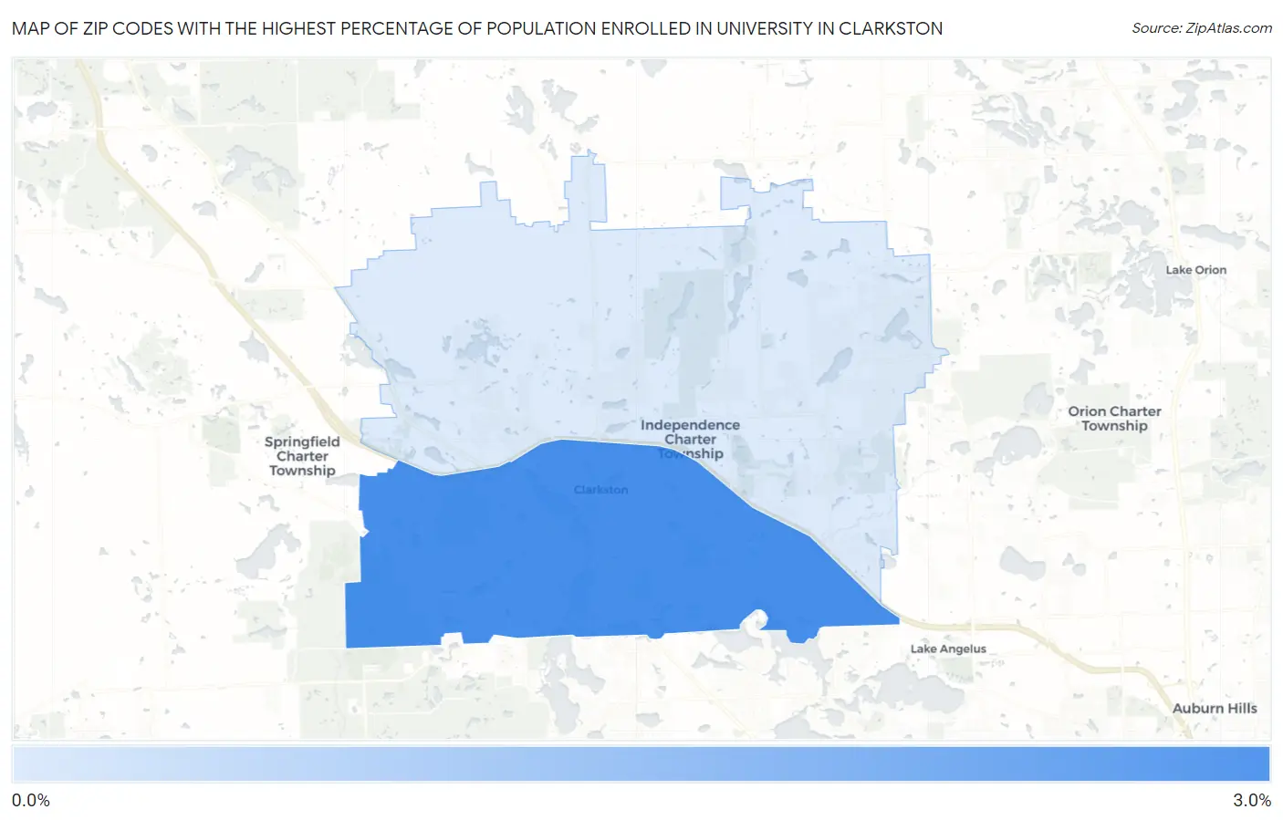 Zip Codes with the Highest Percentage of Population Enrolled in University in Clarkston Map