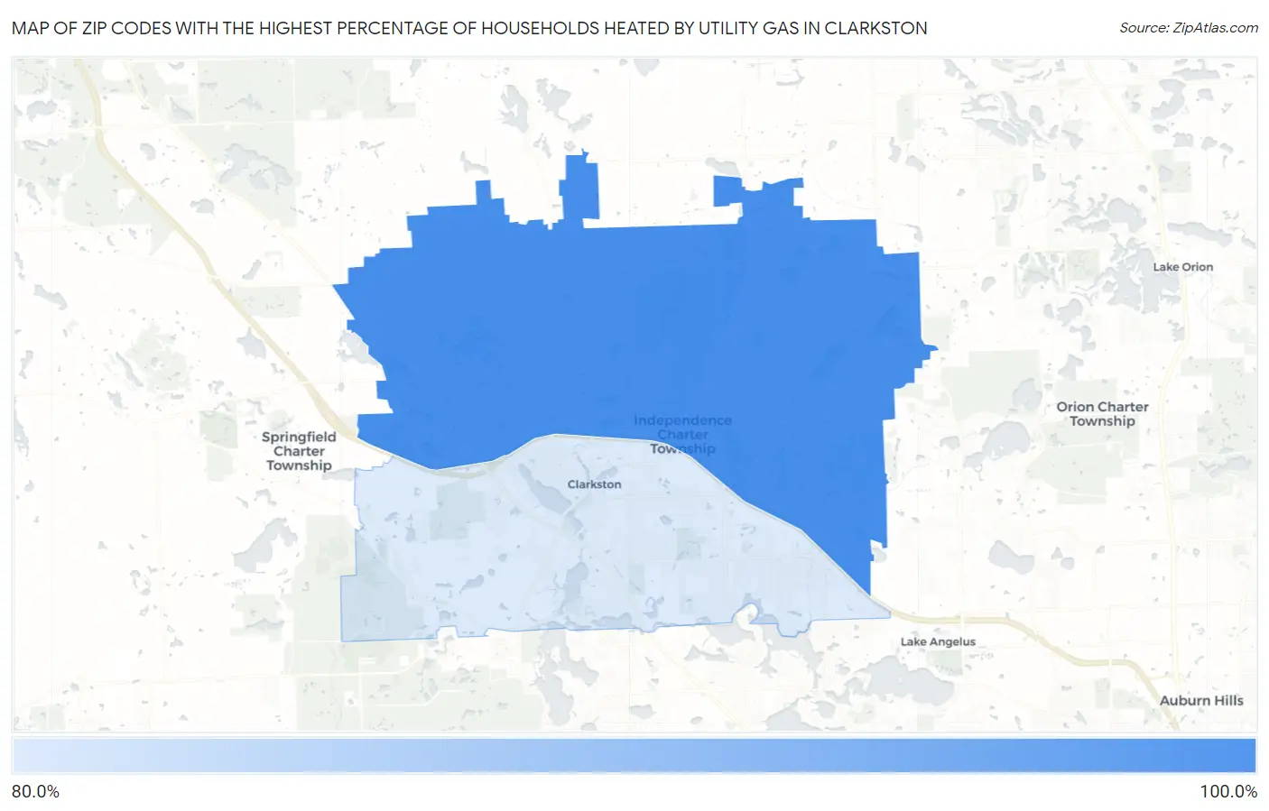 Zip Codes with the Highest Percentage of Households Heated by Utility Gas in Clarkston Map