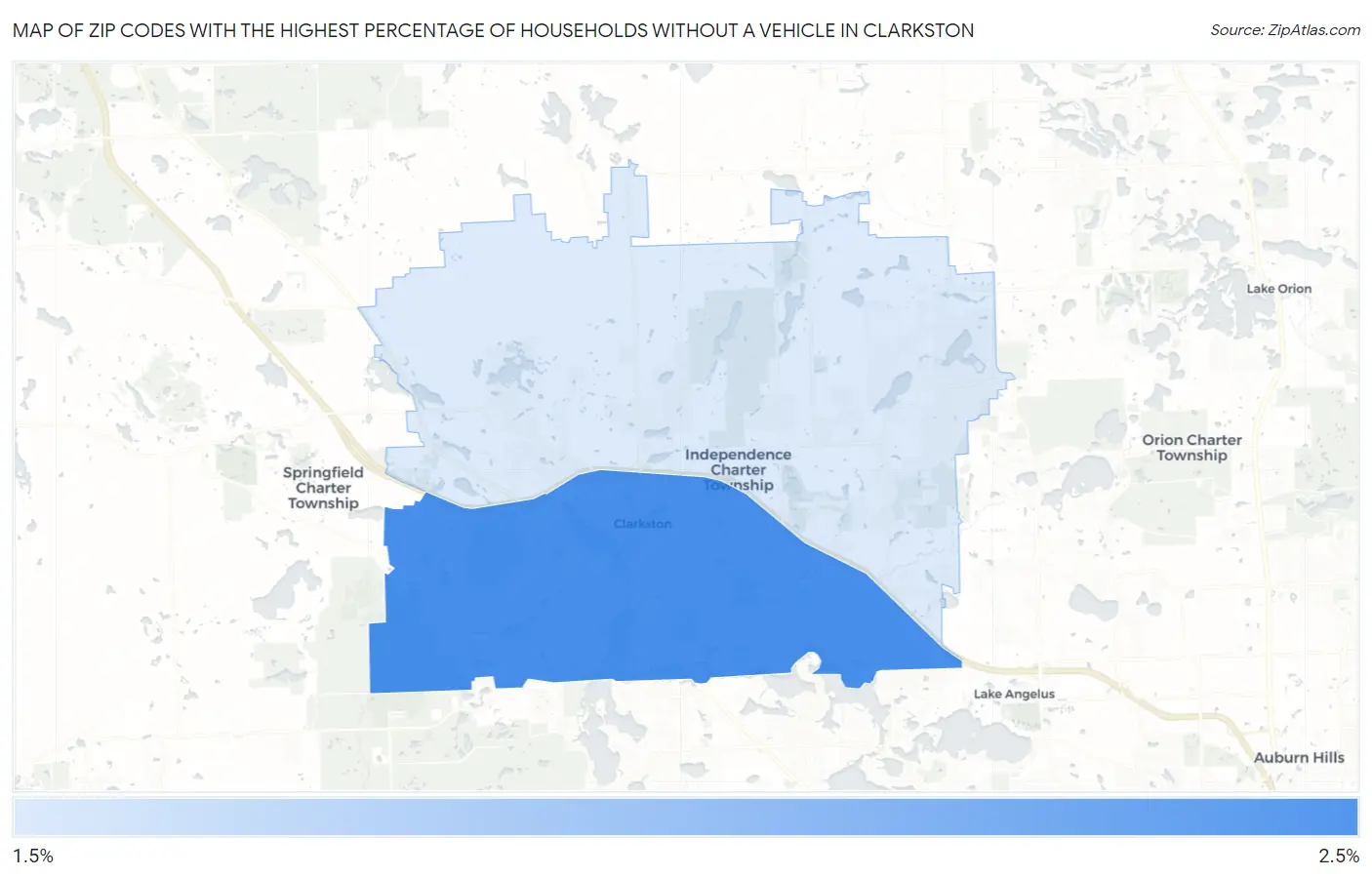 Zip Codes with the Highest Percentage of Households Without a Vehicle in Clarkston Map