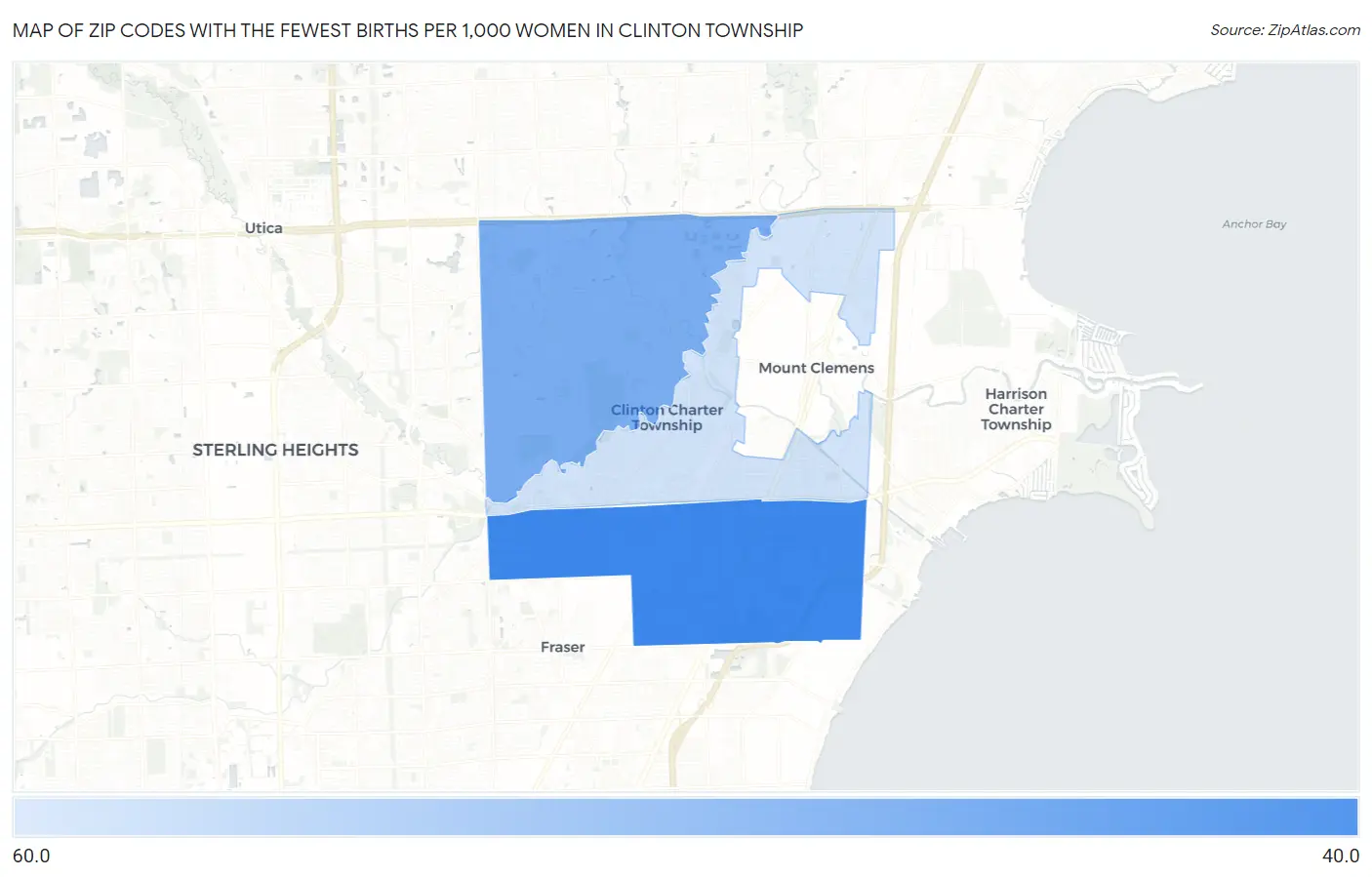 Zip Codes with the Fewest Births per 1,000 Women in Clinton Township Map
