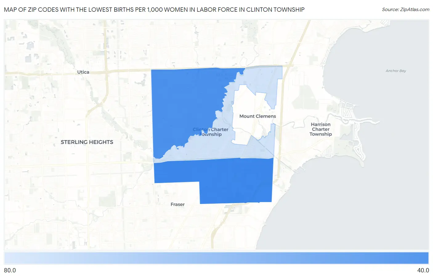 Zip Codes with the Lowest Births per 1,000 Women in Labor Force in Clinton Township Map